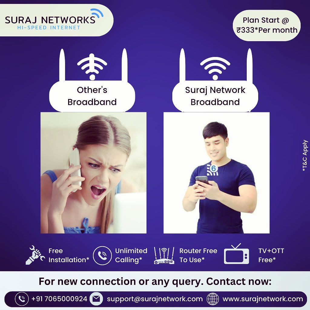 Suraj Network mein badlo, Hi-speed internet, connectivity ka naya roop!

Plan Starts @ Rs.333*/month
*  Free Installation*
*  Router Free To Use*
*  OTT+Live TV*
*  Unlimited Calling* 
#SwitchToSurajNetwork #InternetDedected #NextLevelConnectivity #SeamlessInternetExperience #ReliableNetwork #BetterConnectivity #SurajNetworkAdvantage #UpgradeYourInternet #StayConnected #HighSpeedInternet #SurfWithSuraj #InternetSwitch #BetterInternetProvider #Instagram #SurajNetwork #InternetForAll #BlazingFastInternet #SeamlessConnectivity #BufferFreeBrowsing #OnlineStreaming #WorkFromHome #DigitalLifestyle #StayConnected #ReliableInternet #InternetPlans #SurfTheWeb #ConnectWithSuraj #HighSpeedInternet #InternetProvider #FastDownloads #UninterruptedStreaming 
#ghaziabad