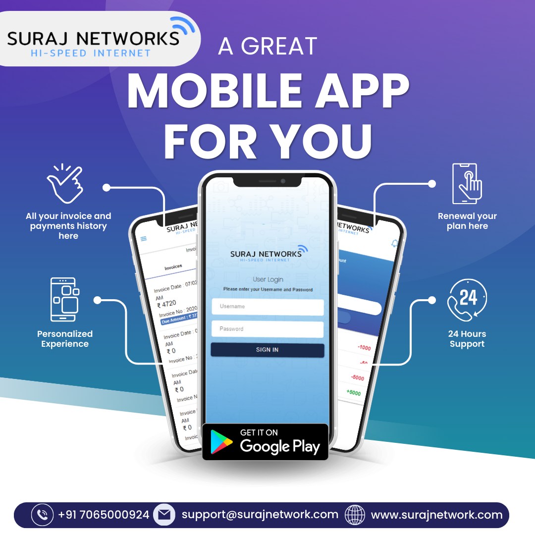 Manage all your internet information easily with a single app.

Download Now: https://play.google.com/store/apps/details?id=com.cloudradius.Suraj.Networks

#FastAndReliableInternet #ConnectivityUnleashed #HighSpeedInternet #StreamingSensation #broadband #internet #highspeed #wifi #ott #entertainment #movies #unlimiteddata #india #creativity #instagram #online #internetspeed #surajnetwork #ghaziabad