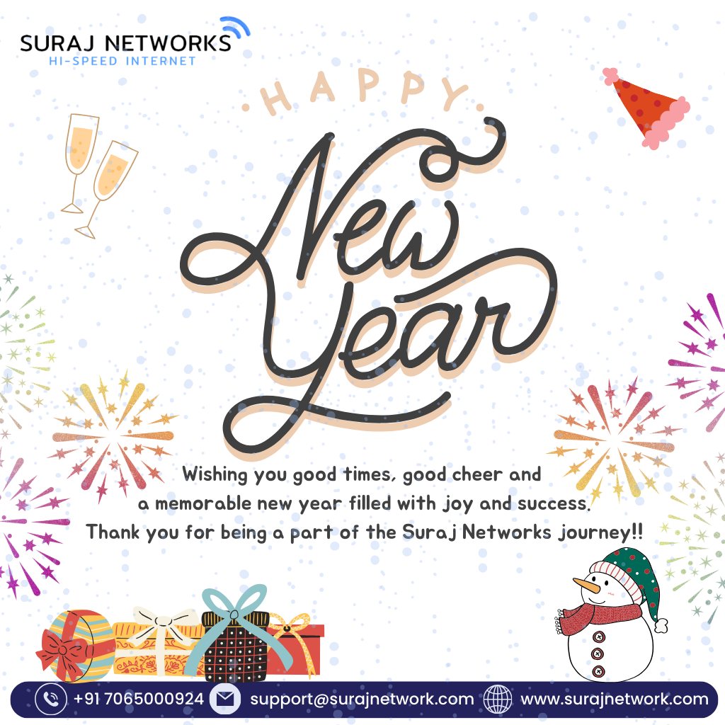 Happy New Year !!!!!

Plan Starts @ Rs.333*/month
* Free Installation*
* Router Free To Use*
* OTT+Live TV*
* Unlimited Calling*�

#SwitchToSurajNetwork #InternetDedected #NextLevelConnectivity #SeamlessInternetExperience #ReliableNetwork #BetterConnectivity #SurajNetworkAdvantage #UpgradeYourInternet #StayConnected #InternetPlans #SurfTheWeb #ConnectWithSuraj #HighSpeedInternet #InternetProvider #FastDownloads #UninterruptedStreaming
#ghaziabad #surajnetwork #ghaziabad #newyear  #india #HappyNewYear