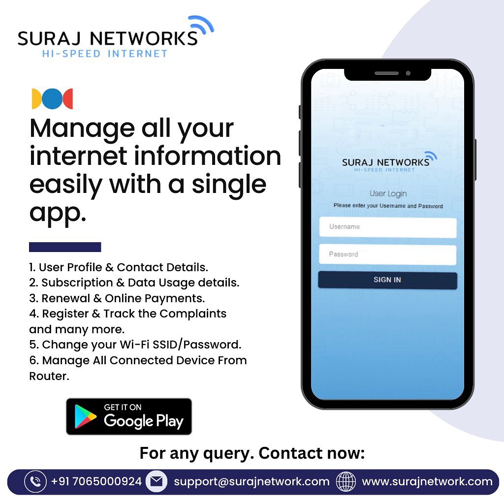 Manage all your internet information easily with a single app.

Download Now: https://play.google.com/store/apps/details?id=com.cloudradius.Suraj.Networks

#FastAndReliableInternet #ConnectivityUnleashed #HighSpeedInternet #StreamingSensation #broadband #internet #highspeed #wifi #ott #entertainment #movies #unlimiteddata #india #creativity #instagram #online #internetspeed #surajnetwork #ghaziabad