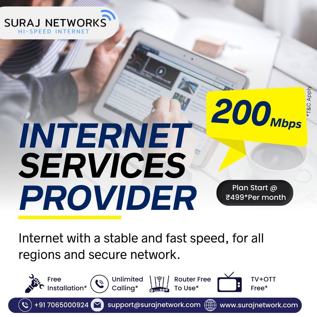 Plan Starts @ Rs.333*/month
* Free Installation*
* Router Free To Use*
* OTT+Live TV*
* Unlimited Calling*

#SwitchToSurajNetwork #InternetDedected #NextLevelConnectivity #SeamlessInternetExperience #ReliableNetwork #BetterConnectivity #SurajNetworkAdvantage #UpgradeYourInternet #StayConnected #InternetPlans #SurfTheWeb #ConnectWithSuraj #HighSpeedInternet #InternetProvider #FastDownloads #UninterruptedStreaming
#ghaziabad #surajnetwork #ghaziabad #india
