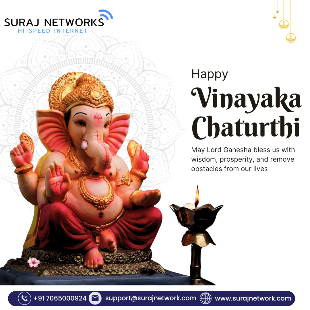 🙏 Happy Vinayaka Chaturthi! 🙏
May Lord Ganesha, the remover of obstacles, bless your home with wisdom, prosperity, and seamless connectivity.

Celebrate this auspicious occasion with high-speed internet that never stops!

🎉 Plans starting @ ₹333/month*
🔧 Free Installation
📶 Router Free to Use
📺 300+ Live Channels + OTT Access
📞 Unlimited Calling

📍 Contact Us:
🏢 E-40, Sector-23, Sanjay Nagar, Ghaziabad, UP – 201002
📞 +91 7065000924
📧 support@surajnetwork.com
🌐 www.surajnetwork.com

⸻

Suraj Networks wishes you and your family a joyful and well-connected Vinayaka Chaturthi! 🐘
#VinayakaChaturthi #GanpatiBappaMorya #SurajNetworks #UnlimitedInternet #FiberBroadband #OTTIncluded #LiveTV #FreeInstallation #RouterFree #StayConnected #FestiveWishes